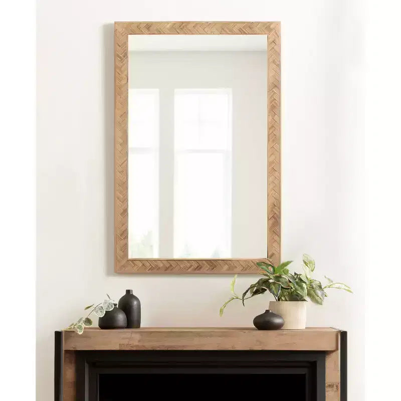 Specchio da parete rettangolare marrone, cornice in legno a spina di pesce, singolo, 24"x36"
