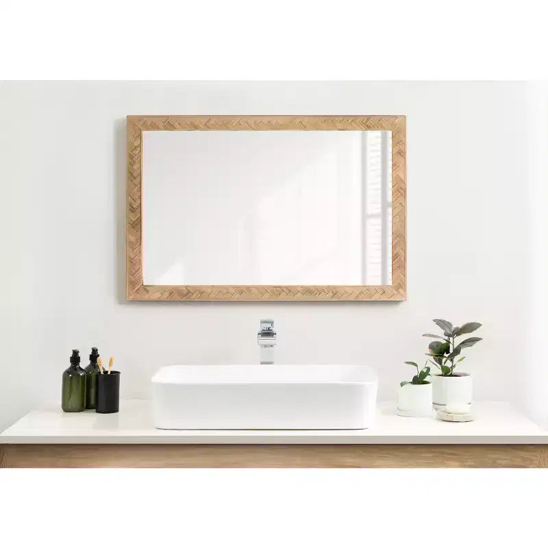 Specchio da parete rettangolare marrone, cornice in legno a spina di pesce, singolo, 24"x36"