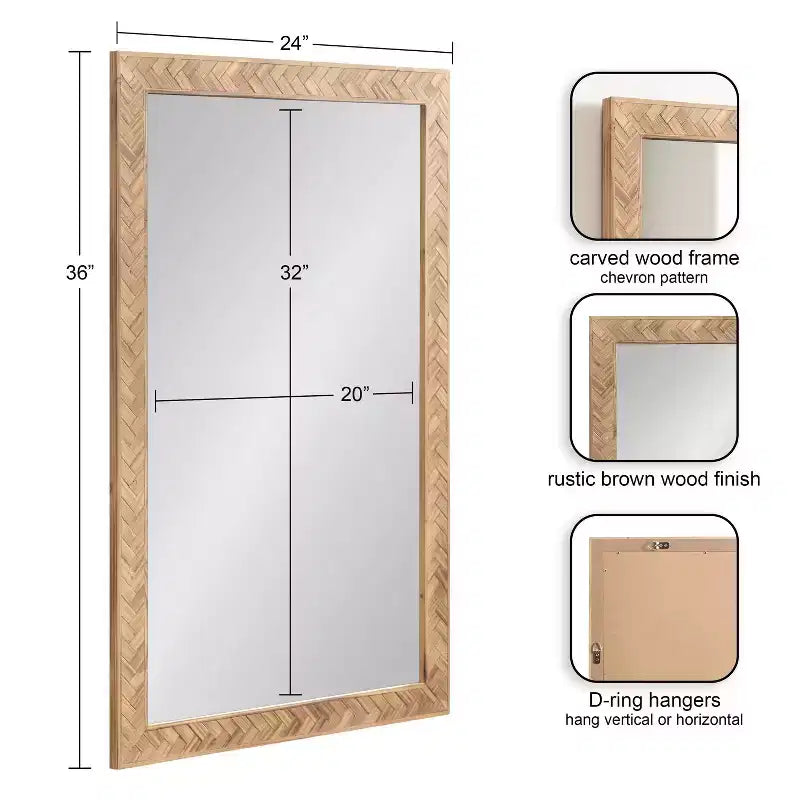Specchio da parete rettangolare marrone, cornice in legno a spina di pesce, singolo, 24"x36"