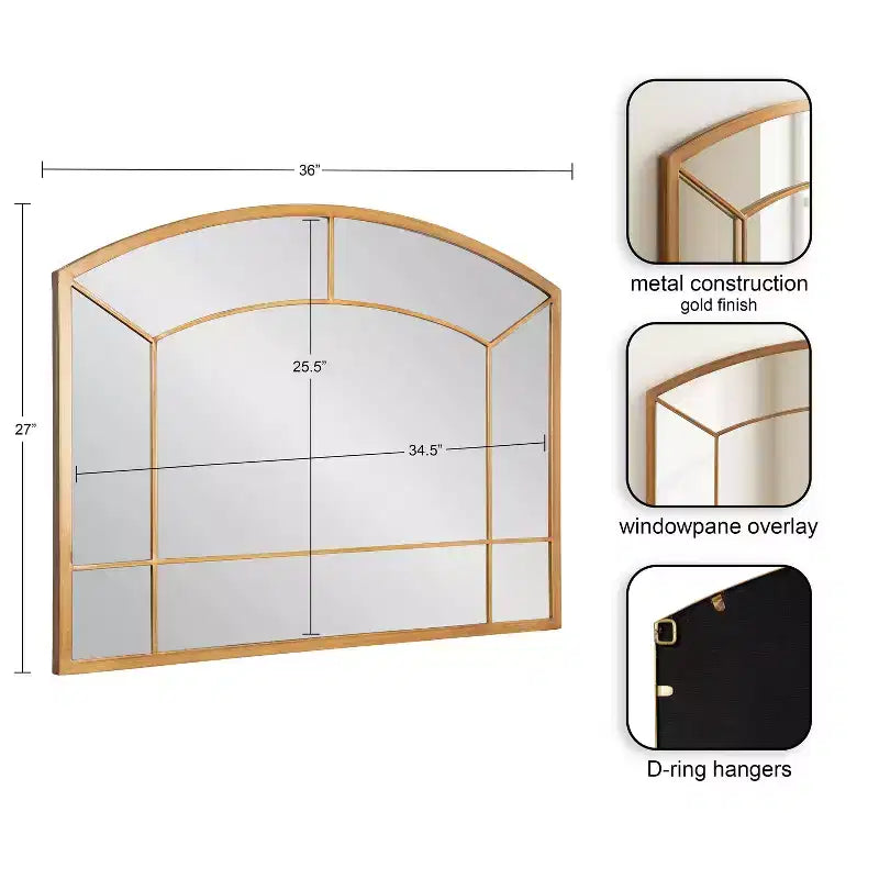 Specchio da parete ad arco dorato, finitura anticata, pannello singolo, 36"×27"