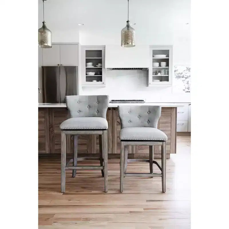 Sgabello da bar ad altezza bancone con schienale a pozzetto, grigio cenere / tessuto rovere naturale, senza braccioli, 1 posto