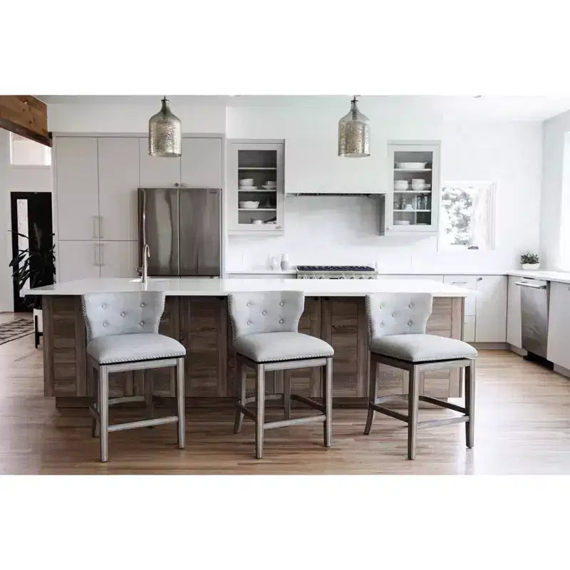 Sgabello da bar ad altezza bancone con schienale a pozzetto, grigio cenere / tessuto rovere naturale, senza braccioli, 1 posto