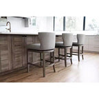 Sgabello da bar ad altezza bancone con schienale a pozzetto, grigio cenere / tessuto rovere naturale, senza braccioli, 1 posto