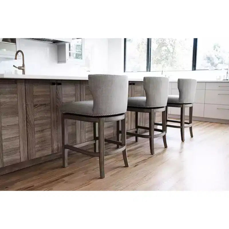 Sgabello da bar ad altezza bancone con schienale a pozzetto, grigio cenere / tessuto rovere naturale, senza braccioli, 1 posto