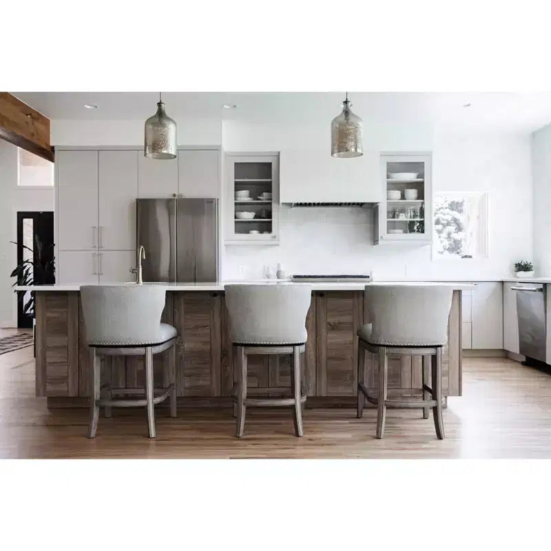 Sgabello da bar ad altezza bancone con schienale a pozzetto, grigio cenere / tessuto rovere naturale, senza braccioli, 1 posto
