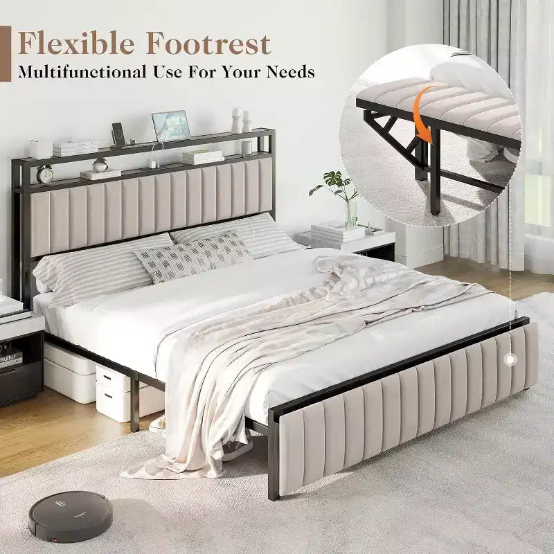 Struttura letto in velluto color crema/grigio/blu navy con luci LED e poggiapiedi contenitore – Matrimoniale francese/Matrimoniale standard/King size, 1-2 persone