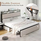 Struttura letto in velluto color crema/grigio/blu navy con luci LED e poggiapiedi contenitore – Matrimoniale francese/Matrimoniale standard/King size, 1-2 persone