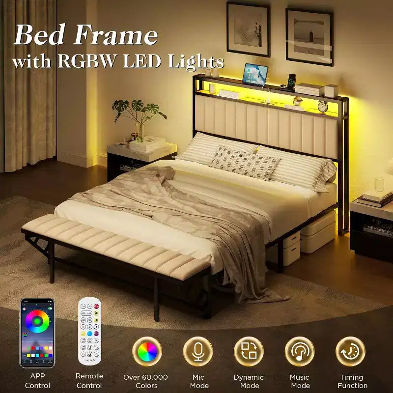 Struttura letto in velluto color crema/grigio/blu navy con luci LED e poggiapiedi contenitore – Matrimoniale francese/Matrimoniale standard/King size, 1-2 persone