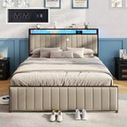 Struttura letto in velluto color crema/grigio/blu navy con luci LED e poggiapiedi contenitore – Matrimoniale francese/Matrimoniale standard/King size, 1-2 persone