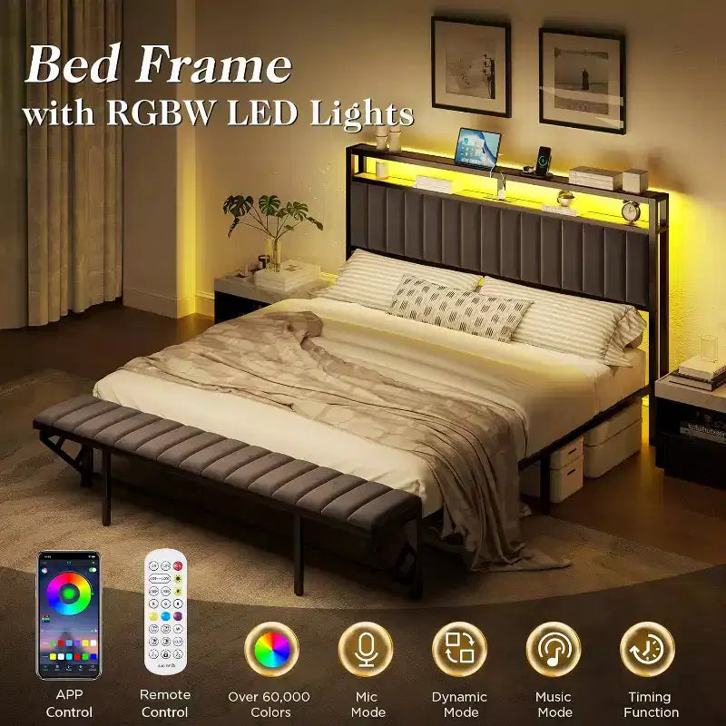 Struttura letto in velluto color crema/grigio/blu navy con luci LED e poggiapiedi contenitore – Matrimoniale francese/Matrimoniale standard/King size, 1-2 persone