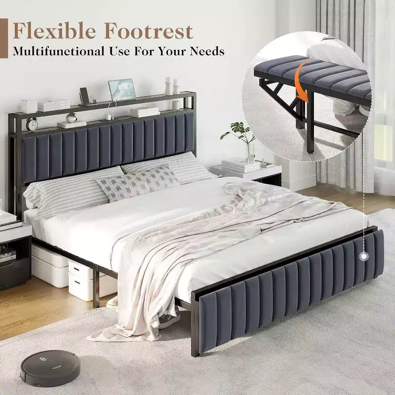 Struttura letto in velluto color crema/grigio/blu navy con luci LED e poggiapiedi contenitore – Matrimoniale francese/Matrimoniale standard/King size, 1-2 persone