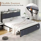 Struttura letto in velluto color crema/grigio/blu navy con luci LED e poggiapiedi contenitore – Matrimoniale francese/Matrimoniale standard/King size, 1-2 persone