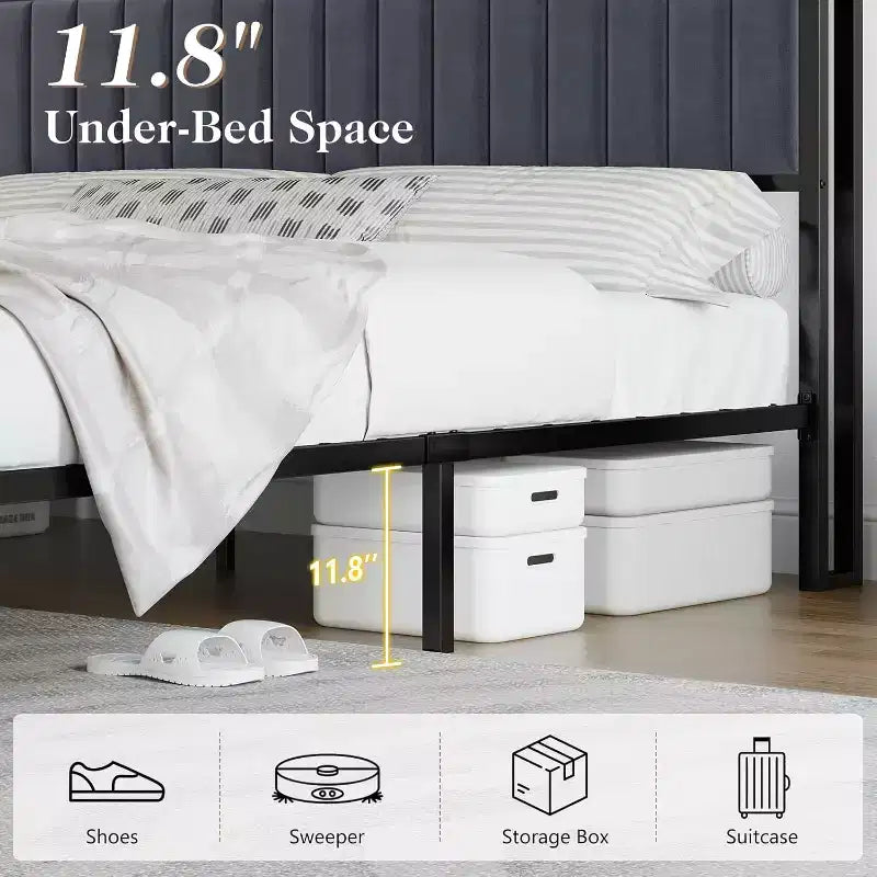 Struttura letto in velluto color crema/grigio/blu navy con luci LED e poggiapiedi contenitore – Matrimoniale francese/Matrimoniale standard/King size, 1-2 persone