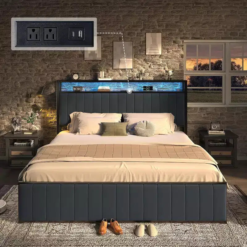 Struttura letto in velluto color crema/grigio/blu navy con luci LED e poggiapiedi contenitore – Matrimoniale francese/Matrimoniale standard/King size, 1-2 persone