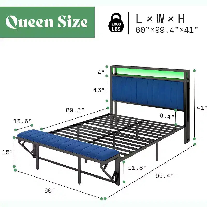 Struttura letto in velluto color crema/grigio/blu navy con luci LED e poggiapiedi contenitore – Matrimoniale francese/Matrimoniale standard/King size, 1-2 persone