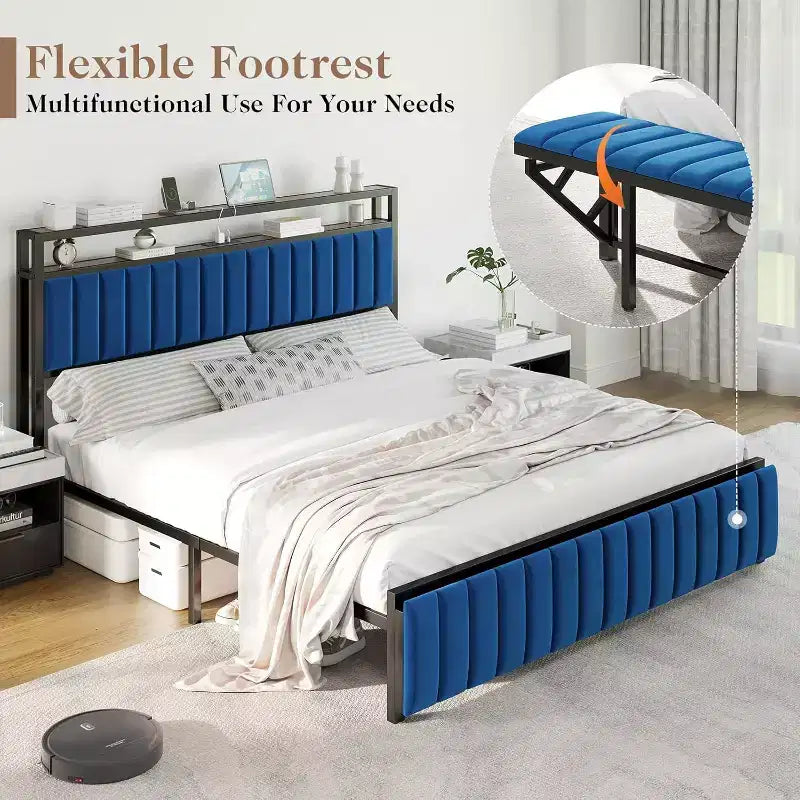 Struttura letto in velluto color crema/grigio/blu navy con luci LED e poggiapiedi contenitore – Matrimoniale francese/Matrimoniale standard/King size, 1-2 persone