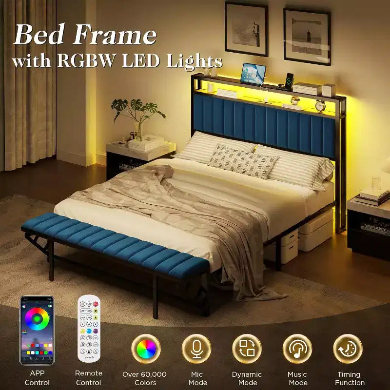 Struttura letto in velluto color crema/grigio/blu navy con luci LED e poggiapiedi contenitore – Matrimoniale francese/Matrimoniale standard/King size, 1-2 persone