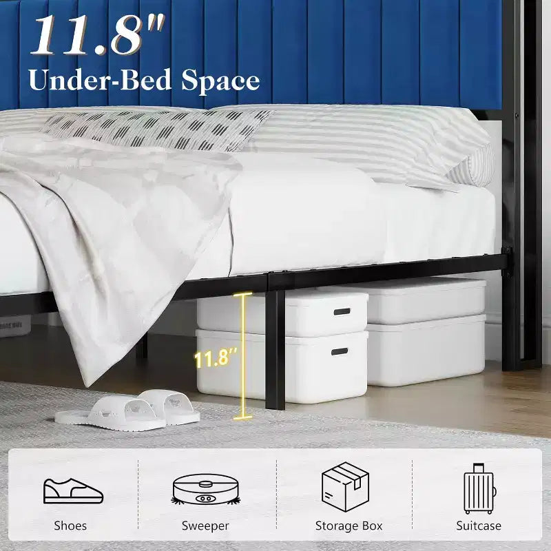 Struttura letto in velluto color crema/grigio/blu navy con luci LED e poggiapiedi contenitore – Matrimoniale francese/Matrimoniale standard/King size, 1-2 persone