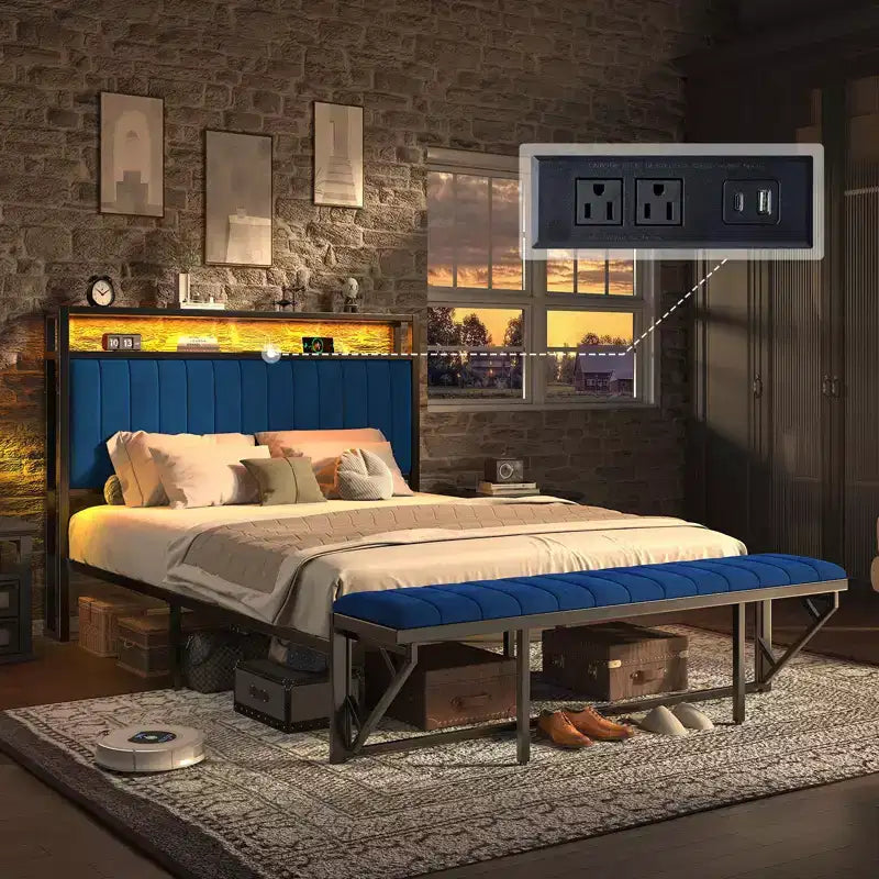 Struttura letto in velluto color crema/grigio/blu navy con luci LED e poggiapiedi contenitore – Matrimoniale francese/Matrimoniale standard/King size, 1-2 persone