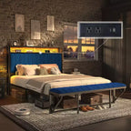 Struttura letto in velluto color crema/grigio/blu navy con luci LED e poggiapiedi contenitore – Matrimoniale francese/Matrimoniale standard/King size, 1-2 persone