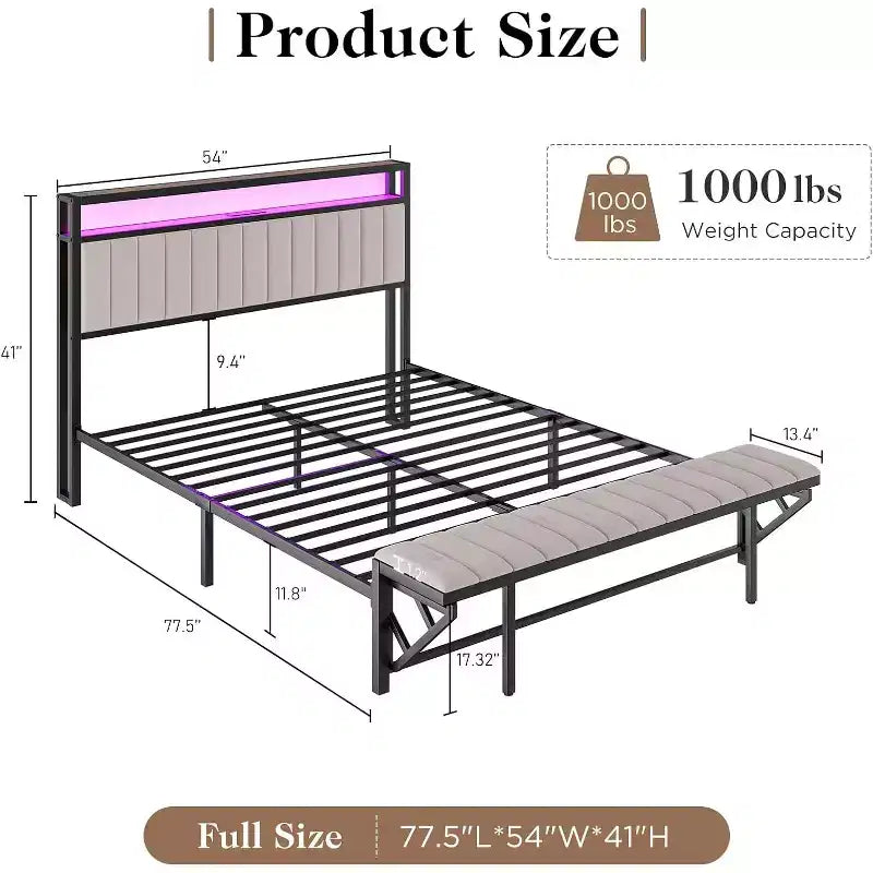 Struttura letto in velluto color crema/grigio/blu navy con luci LED e poggiapiedi contenitore – Matrimoniale francese/Matrimoniale standard/King size, 1-2 persone