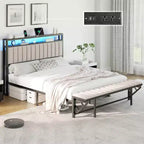 Struttura letto in velluto color crema/grigio/blu navy con luci LED e poggiapiedi contenitore – Matrimoniale francese/Matrimoniale standard/King size, 1-2 persone