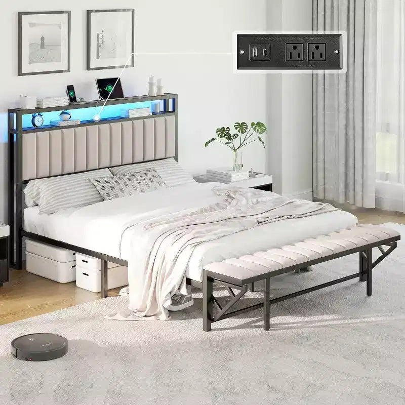 Struttura letto in velluto color crema/grigio/blu navy con luci LED e poggiapiedi contenitore – Matrimoniale francese/Matrimoniale standard/King size, 1-2 persone