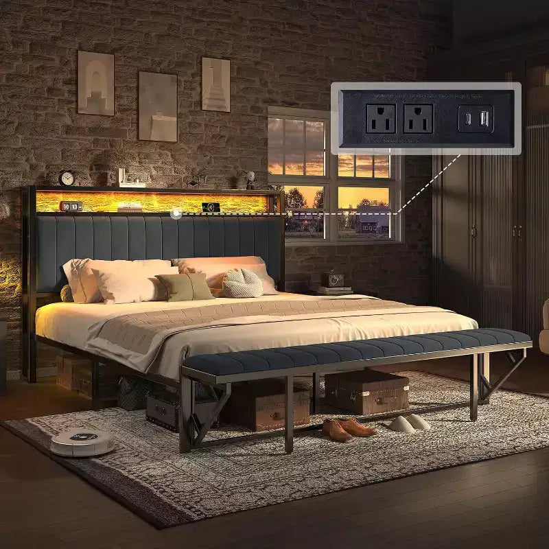 Struttura letto in velluto color crema/grigio/blu navy con luci LED e poggiapiedi contenitore – Matrimoniale francese/Matrimoniale standard/King size, 1-2 persone