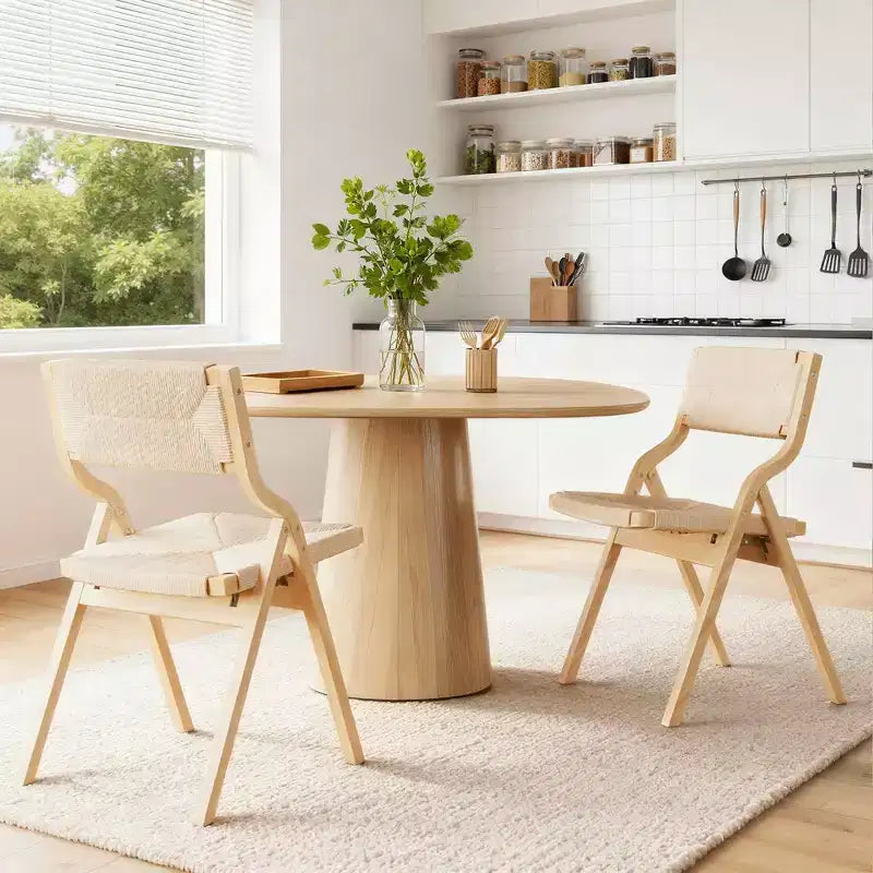 Sedia da pranzo pieghevole in legno naturale con sedile intrecciato, set da 2