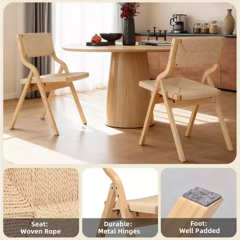 Sedia da pranzo pieghevole in legno naturale con sedile intrecciato, set da 2