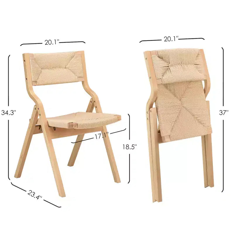 Sedia da pranzo pieghevole in legno naturale con sedile intrecciato, set da 2