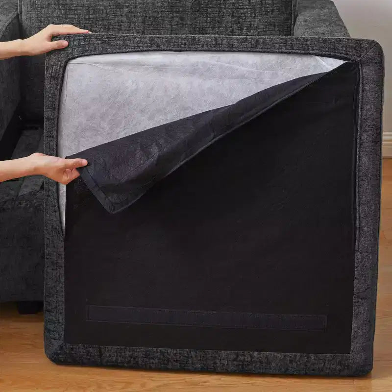 Divano Sezionale Modulare a 3 Posti in ciniglia Nero / Grigio / Bianco con Pouf Contenitore