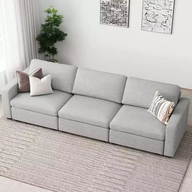 Divano Sezionale Modulare a 3 Posti in ciniglia Nero / Grigio / Bianco con Pouf Contenitore
