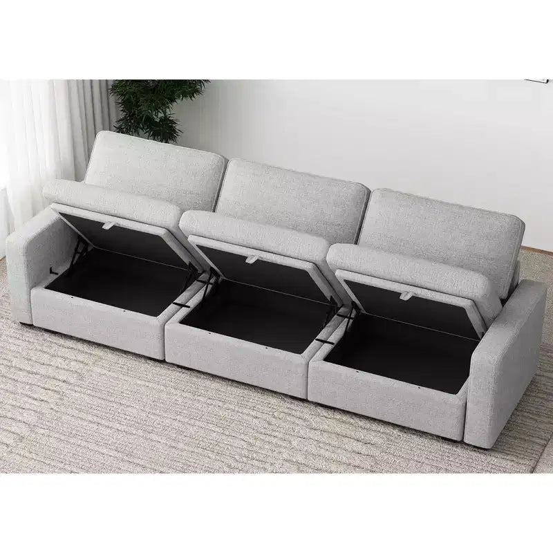 Divano Sezionale Modulare a 3 Posti in ciniglia Nero / Grigio / Bianco con Pouf Contenitore