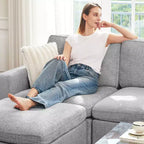 Divano Sezionale Modulare a 3 Posti in ciniglia Nero / Grigio / Bianco con Pouf Contenitore