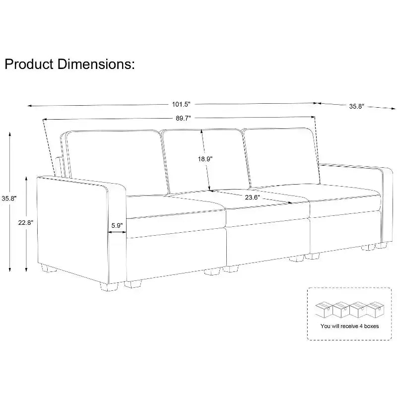 Divano Sezionale Modulare a 3 Posti in ciniglia Nero / Grigio / Bianco con Pouf Contenitore