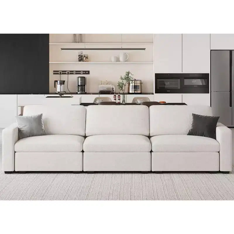 Divano Sezionale Modulare a 3 Posti in ciniglia Nero / Grigio / Bianco con Pouf Contenitore