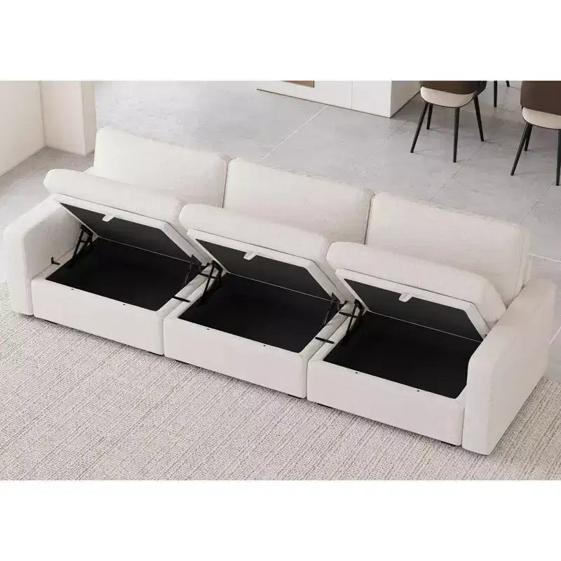 Divano Sezionale Modulare a 3 Posti in ciniglia Nero / Grigio / Bianco con Pouf Contenitore