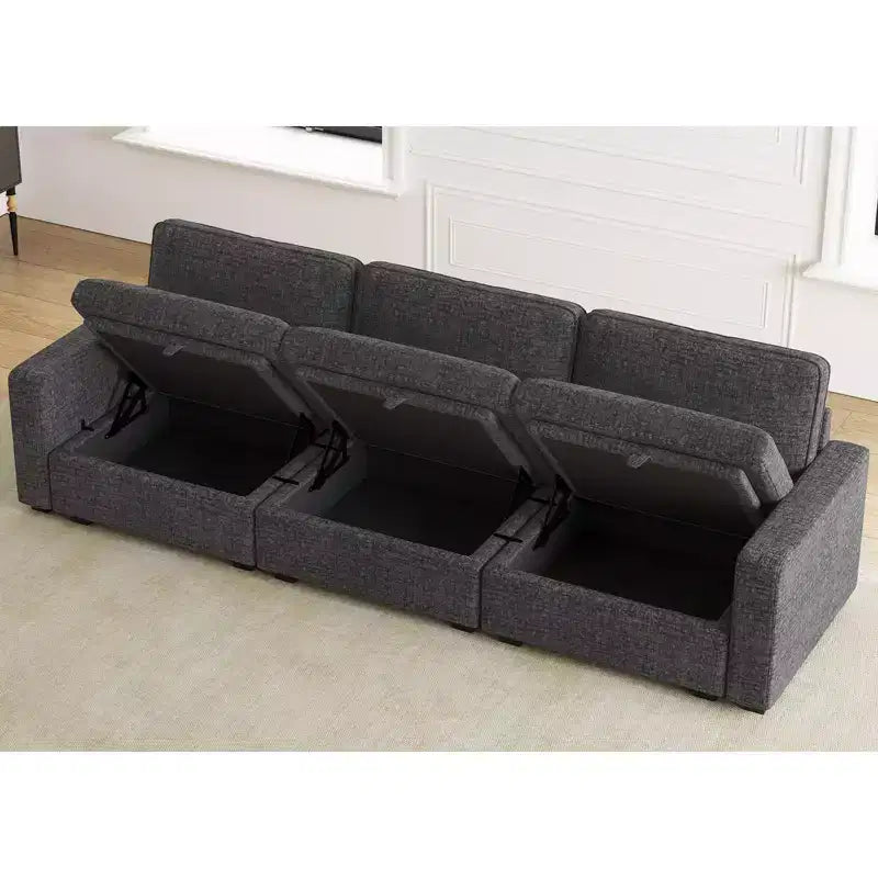 Divano Sezionale Modulare a 3 Posti in ciniglia Nero / Grigio / Bianco con Pouf Contenitore