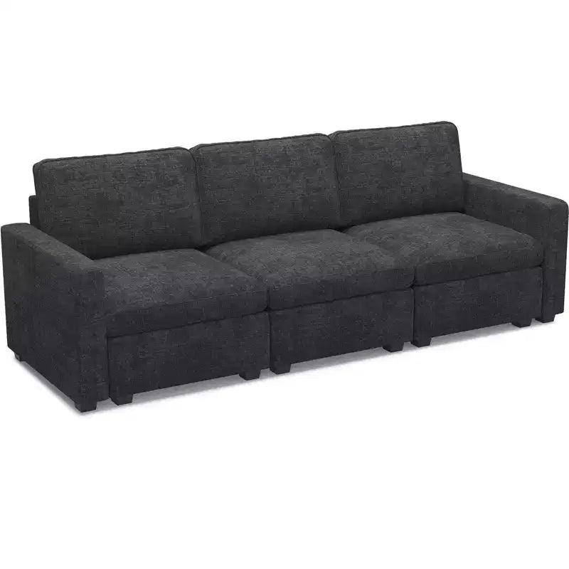 Divano Sezionale Modulare a 3 Posti in ciniglia Nero / Grigio / Bianco con Pouf Contenitore
