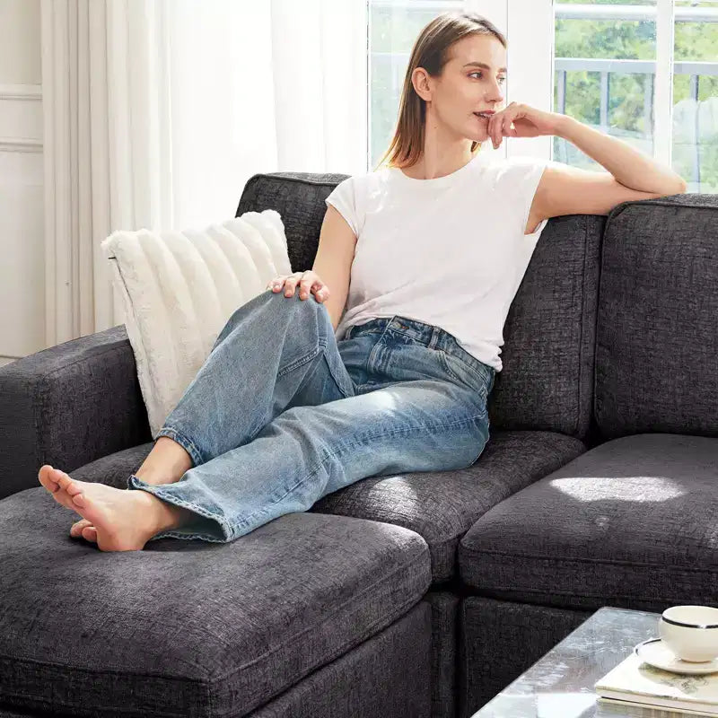Divano Sezionale Modulare a 3 Posti in ciniglia Nero / Grigio / Bianco con Pouf Contenitore