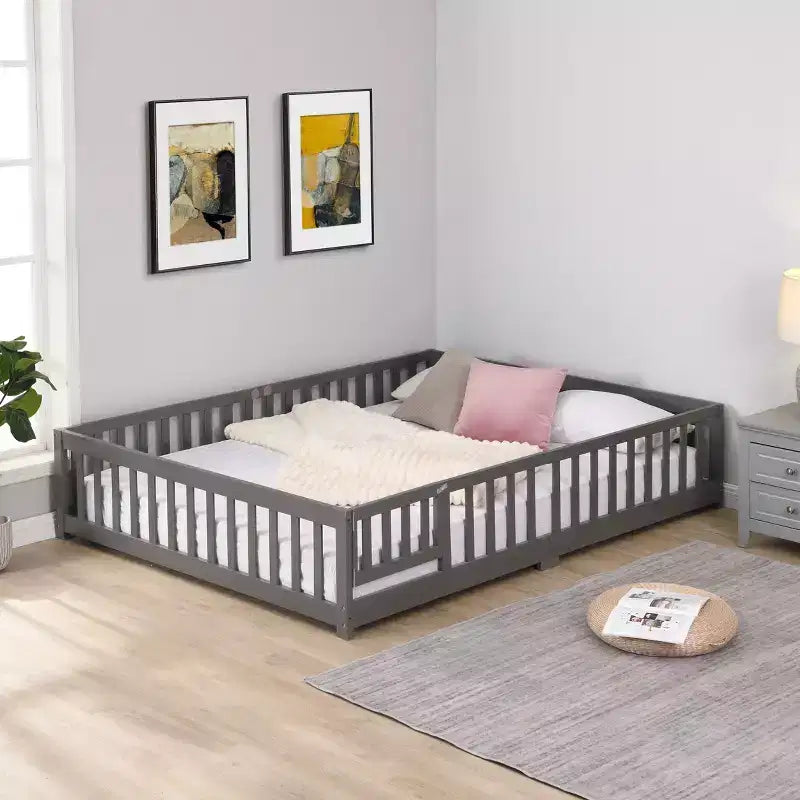 Struttura letto in legno massello a pavimento, singola, grigio/naturale/bianco, bambini (2-12 anni), 1 bambino