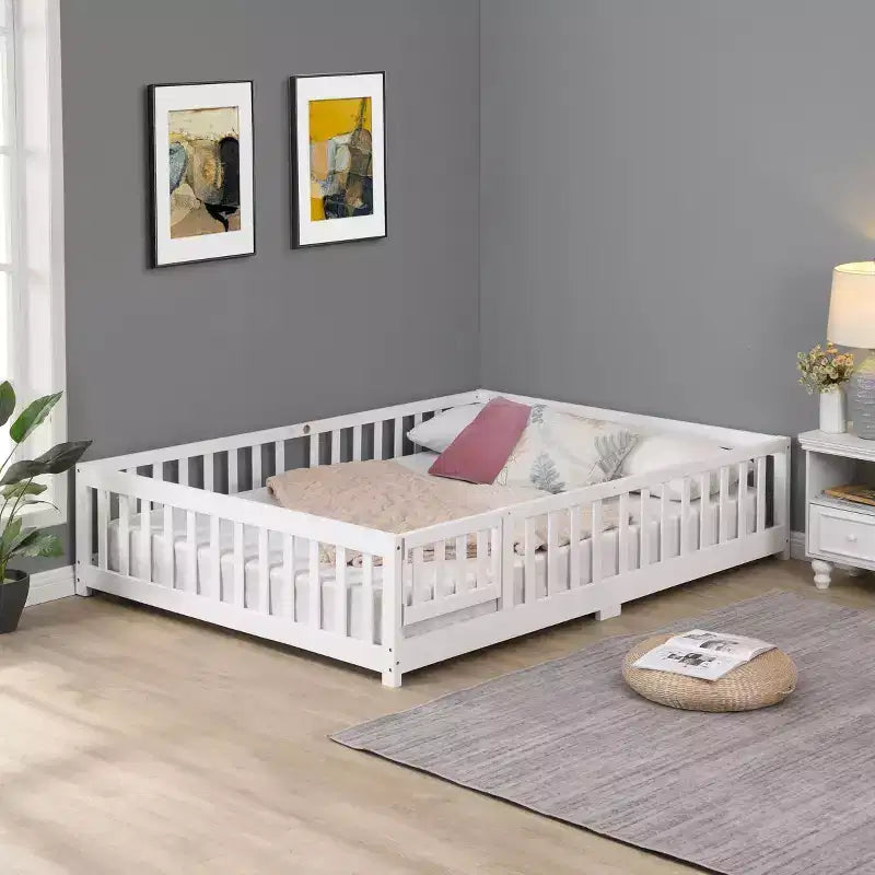 Struttura letto in legno massello a pavimento, singola, grigio/naturale/bianco, bambini (2-12 anni), 1 bambino