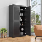 Mobiletto contenitore per porta in rattan nero, modello a 4 ante e 4 ripiani, unità singola — 157 cm (A) x 79 cm (L) x 41 cm (P)