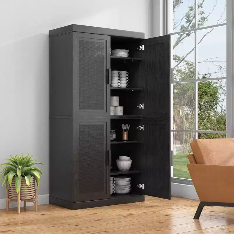 Mobiletto contenitore per porta in rattan nero, modello a 4 ante e 4 ripiani, unità singola — 157 cm (A) x 79 cm (L) x 41 cm (P)
