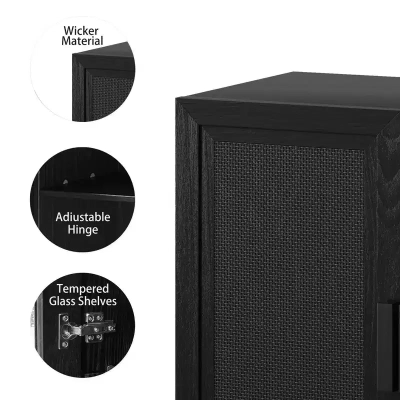 Mobiletto contenitore per porta in rattan nero, modello a 4 ante e 4 ripiani, unità singola — 157 cm (A) x 79 cm (L) x 41 cm (P)