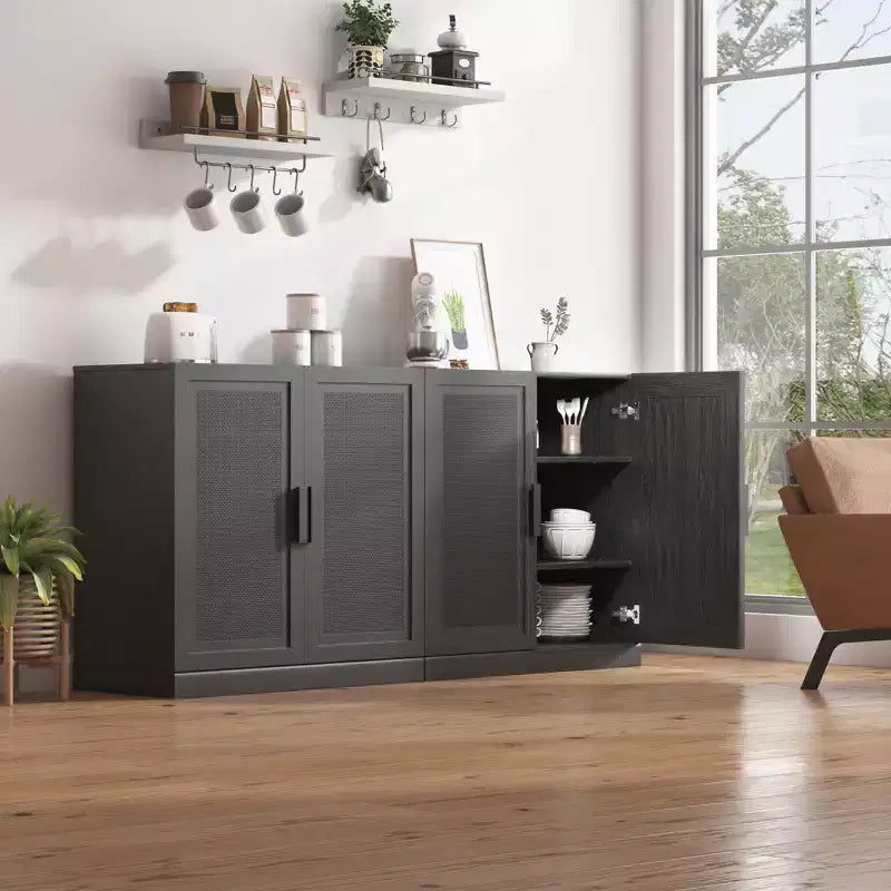 Mobiletto contenitore per porta in rattan nero, modello a 4 ante e 4 ripiani, unità singola — 157 cm (A) x 79 cm (L) x 41 cm (P)