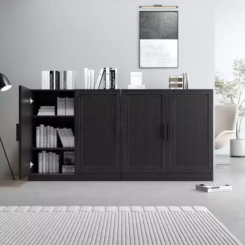Mobiletto contenitore per porta in rattan nero, modello a 4 ante e 4 ripiani, unità singola — 157 cm (A) x 79 cm (L) x 41 cm (P)