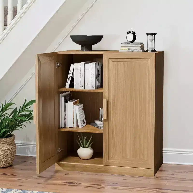 Mobiletto portaoggetti a 2 ante color legno naturale con ripiani regolabili, montaggio in 1 persona