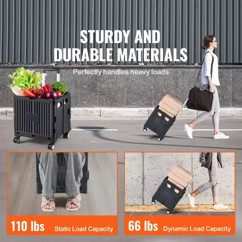 Carrello Utilità Pieghevole Nero, Capacità 50 kg, Uso per 1 Persona, Carrello a 4 Ruote con Manico Telescopico